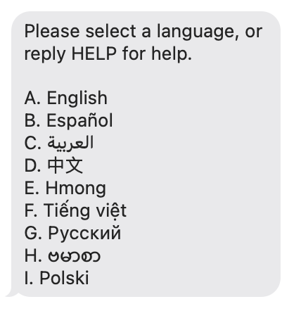 A graphic showing the text message from Ready4K asking families to select their preferred language.