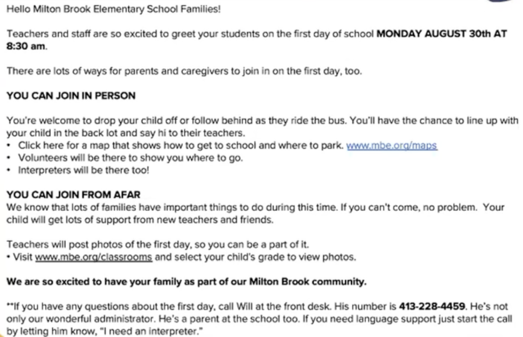 This revised email uses strengths-based language and includes enough information for all families, new and returning, about the first day of school.